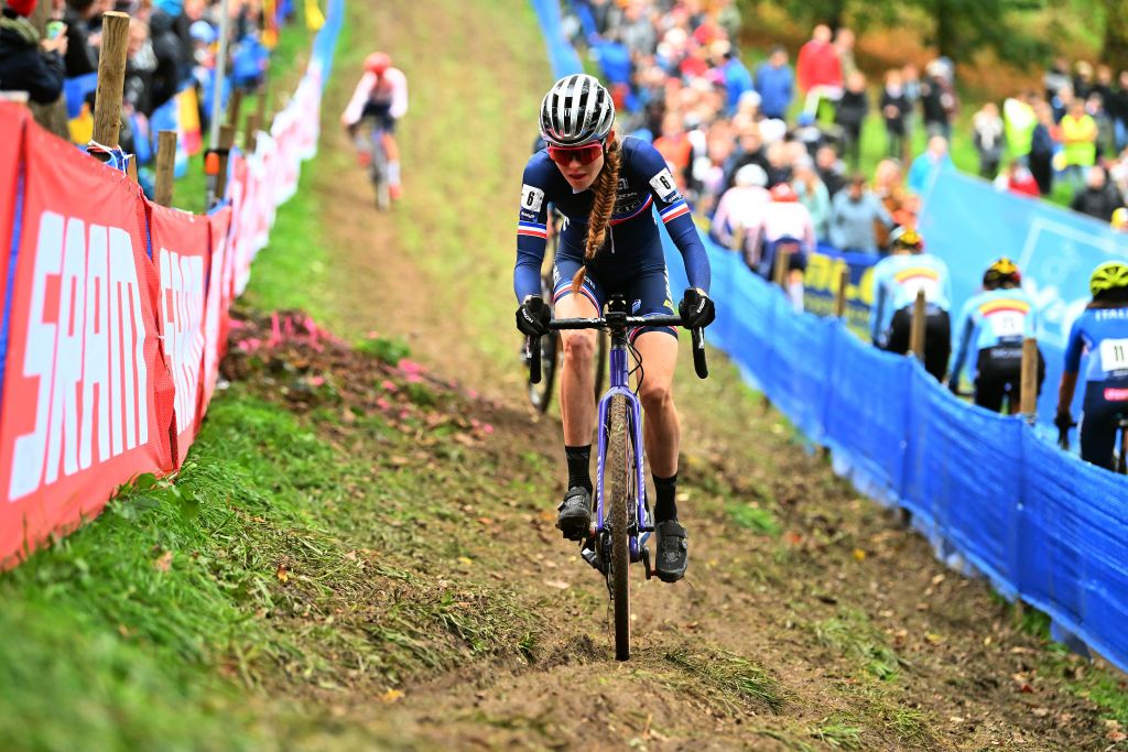 NAMUR BELGIUM NOVEMBER 06 Line Burquier of France competes during the 20th UEC European Cyclocross Championships 2022 Womens U23 EuroCross22 on November 06 2022 in Namur Belgium Photo by Luc ClaessenGetty Images