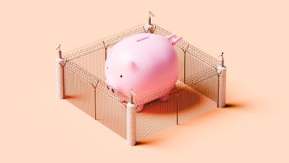 A piggy bank inside a wire fence with security cameras pointing at it.