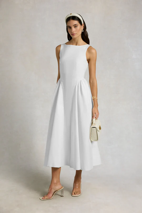 A model in a white Holland Cooper Chatsworth dress