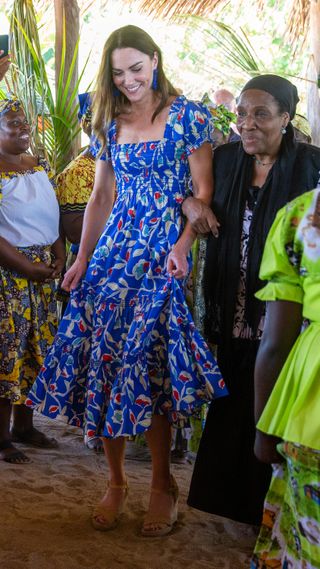 Kate Middleton in a blue printed dress