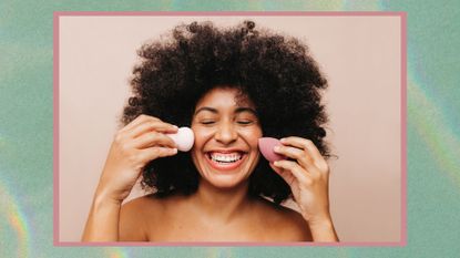 A green holographic frame with an image of a curly-haired woman, smiling as she holds two makeup sponges beside her face