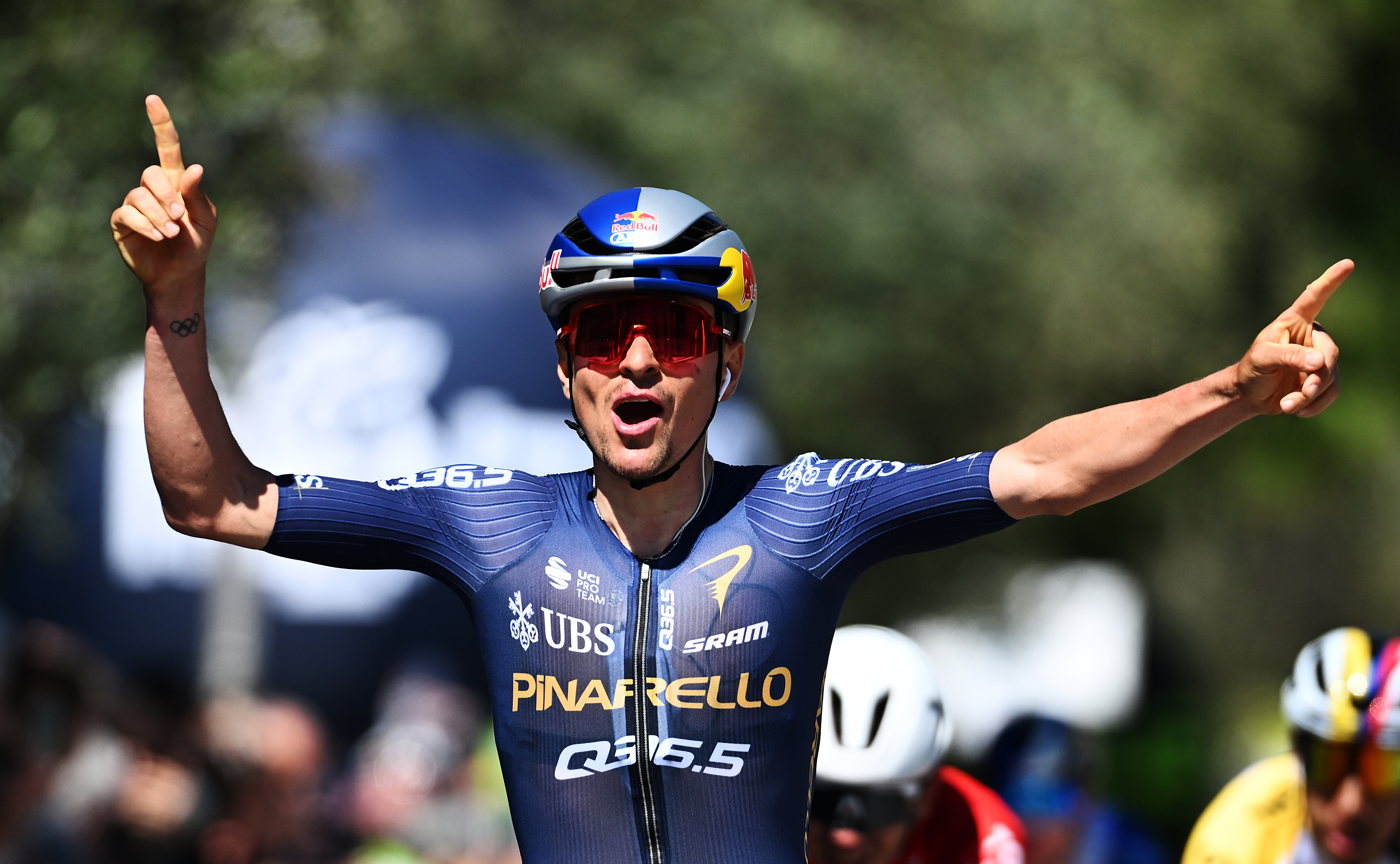 Tom Pidcock (Pinarello Q36.5) celebrates at finish line as stage winner during the 48th Tour of the Alps 2026, Stage 3 (Photo by Tim de Waele/Getty Images)