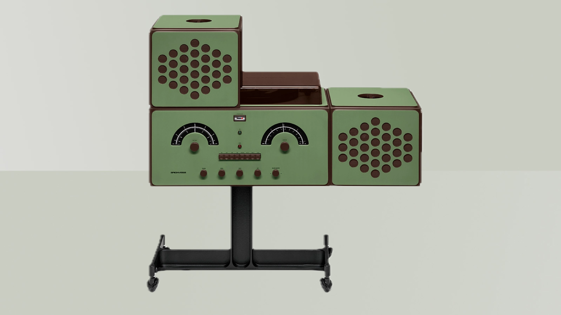 Photos of the Brionvega Radiofonografo 60th Anniversary Edition on a soft grey background
