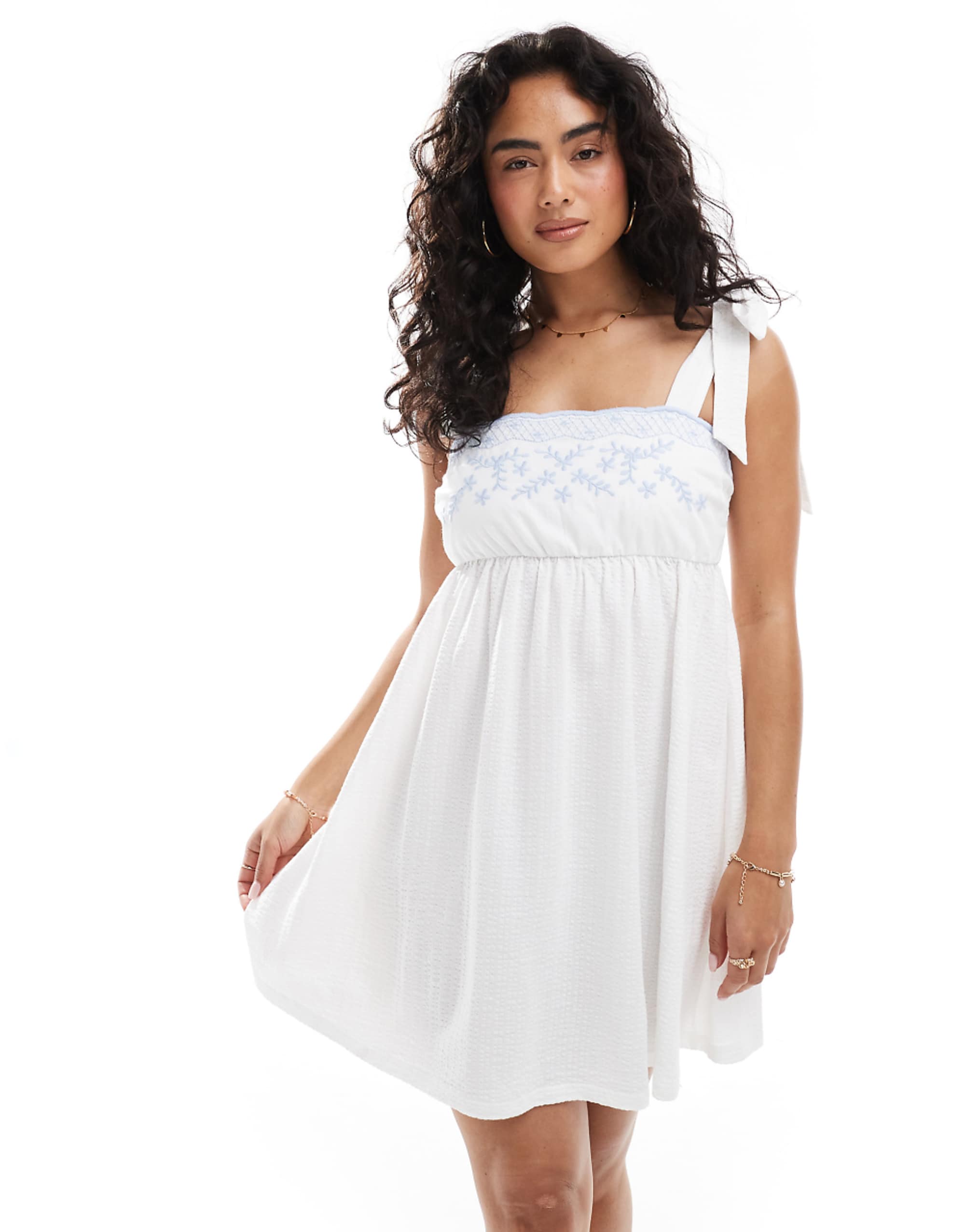 Miss Selfridge Embroidered Baby Doll Mini Dress in Cream