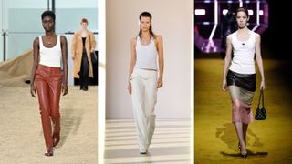 A composite of models on the catwalk showing fall fashion trends 2022 basic white tank top