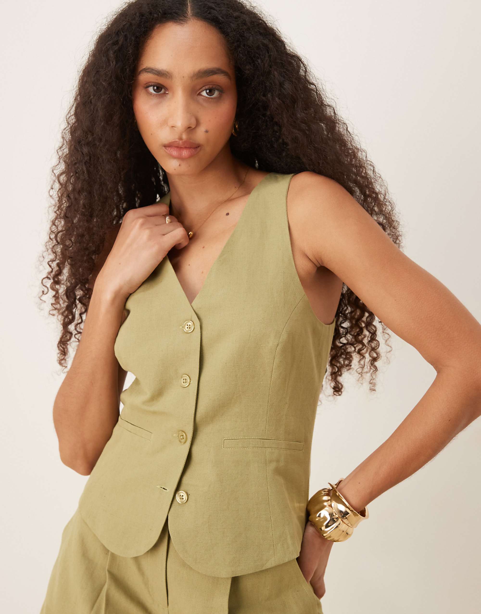 Pretty Lavish Halterneck Linen Waistcoat Co-Ord in Olive
