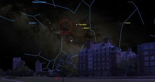 Saturn will shine close by the full moon on June 9, 2017 as seen in this Starry Night sky map. At 9 p.m. local time, the full moon will appear just 2 degrees to the upper left of Saturn.