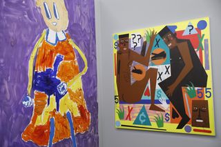 Two paintings. Left: A cartoon character. Right: Two cartoons characters sat down.