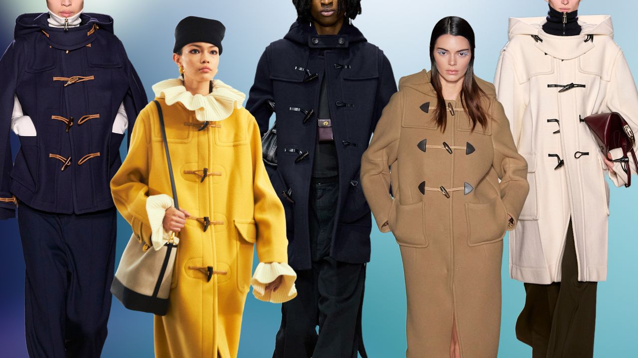 A graphic of duffle coats at Victoria Beckham Fall 2024, Altuzarra Fall 2024, Coach Fall 2025, Prada Fall 2023, and Victoria Beckham Fall 2024