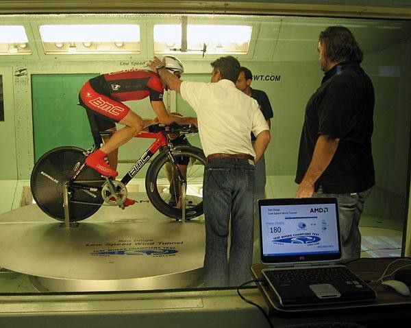 BMC brand manager Scott Thompson (right) looks on as McKissick gets a pat on the head at wind tunnel testing