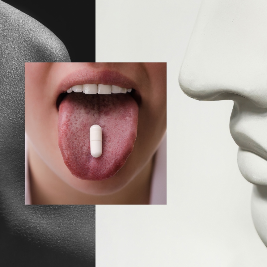 two black and gray greek goddess noses on either side of a close up of a woman's mouth with her tongue out balancing a white pill