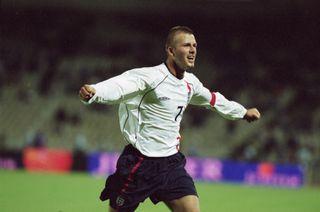 David Beckham celebrates after scoring for England against Greece in a World Cup qualifier in Athens in 2001.