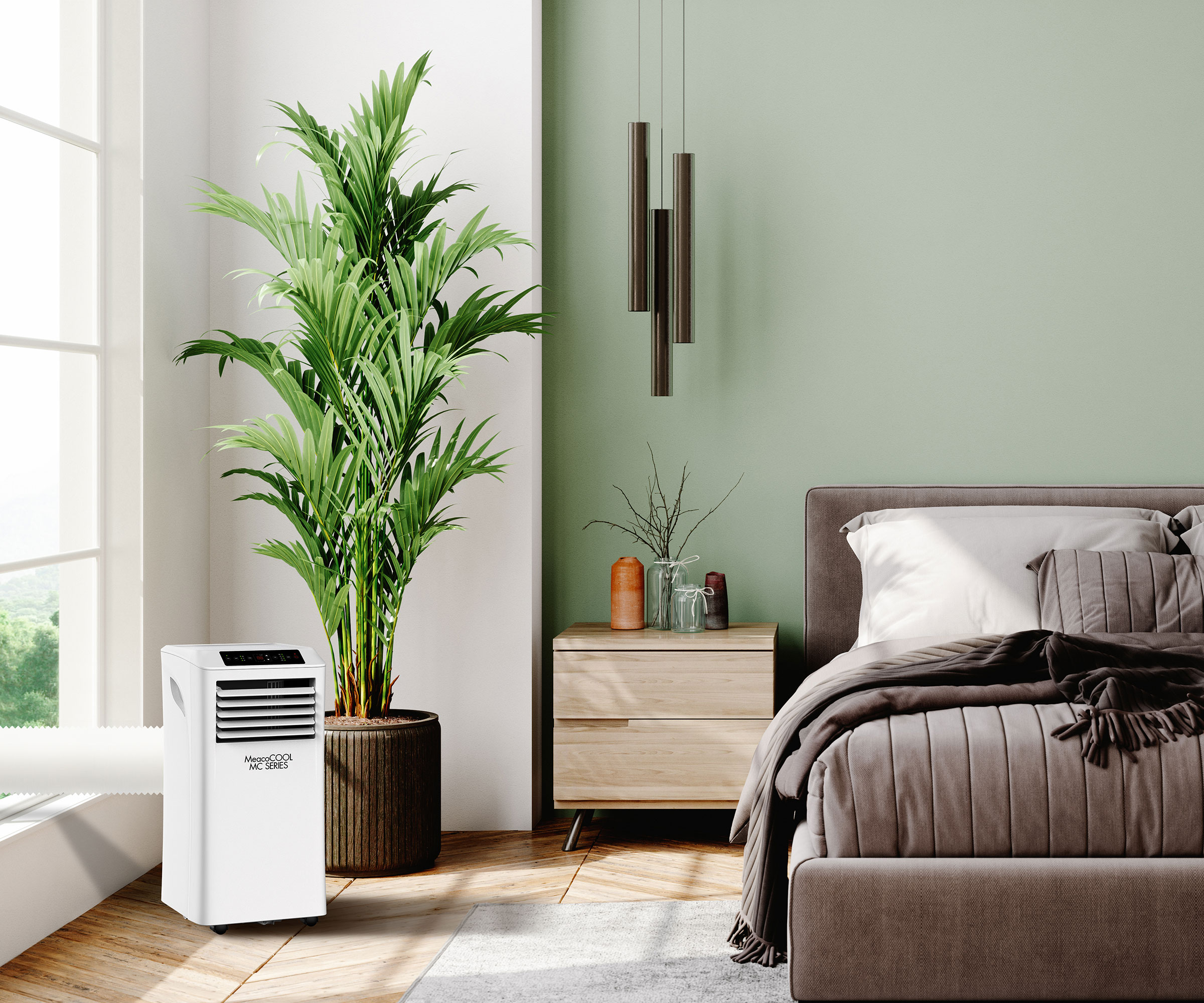 bedroom with portable air conditioning unit