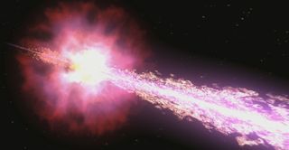 In this illustration, a jet is produced by an unusually bright gamma-ray burst. Scientists think next-generation laser facilities will be able to recreate the fundamental physics at the heart of these gamma-ray explosions.