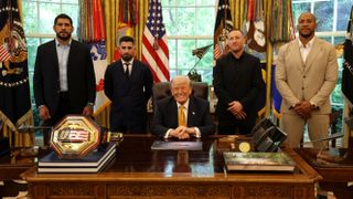 President Donald Trump poses for a photo in the Oval Office alongside UFC Freedom 250 fighters Ilia Topuria, Alex Pereira, Justin Gaethje, and Ciryl Gane at the White House on May 06, 2026