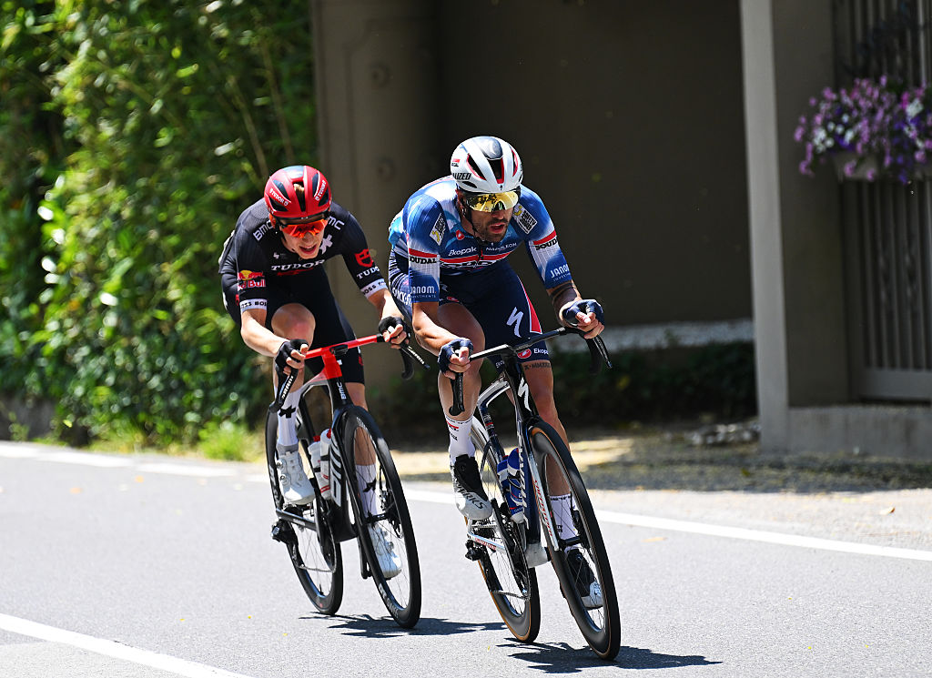 CASTELNOVO NE MONTI ITALY MAY 21 LR Yannis Voisard of Switzerland and Team Tudor Pro Cycling and Mattia Cattaneo of Italy and Team Soudal QuickStep compete in the breakaway during the 108th Giro dItalia 2025 Stage 11 a 186km stage from Viareggio to Castelnovo ne Monti 715m UCIWT on May 21 2025 in Castelnovo ne Monti Italy Photo by Tim de WaeleGetty Images