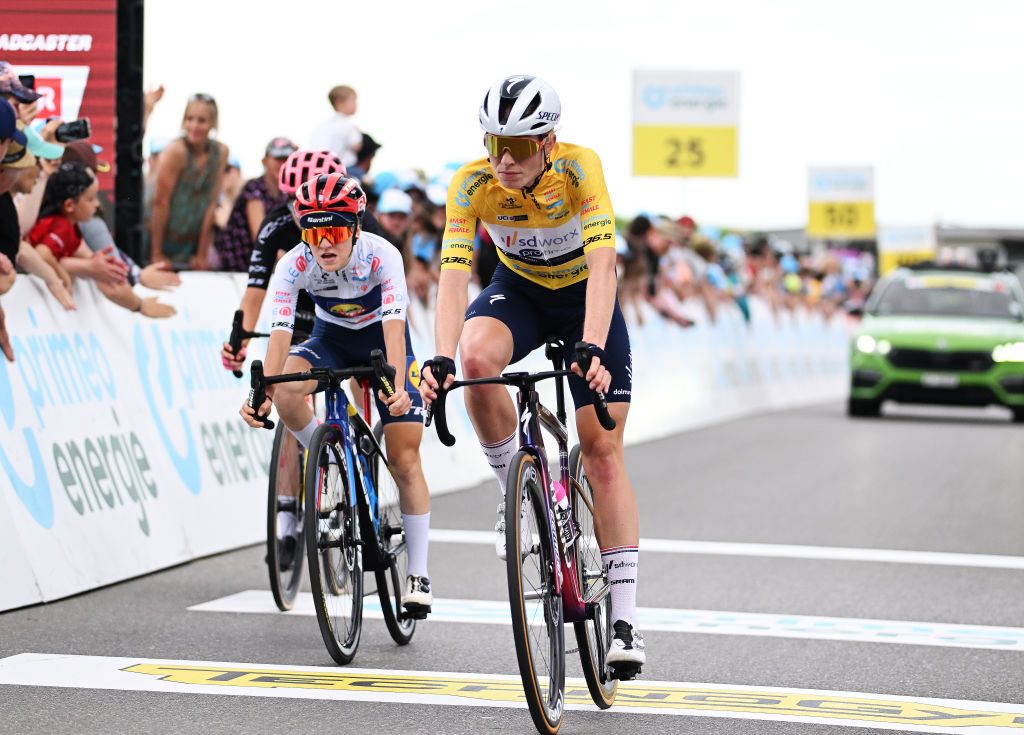 CHAMPAGNE SWITZERLAND JUNE 17 LR Gaia Realini of Italy and Team LidlTrek White best young jersey and Demi Vollering of The Netherlands and Team SD WorxProtime Yellow leader jersey cross the finish line during the 4th Tour de Suisse Women 2024 Stage 3 a 1256km stage from Vevey to Champagne UCIWWT on June 17 2024 in Champagne Switzerland Photo by Tim de WaeleGetty Images