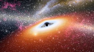 This artist conception illustrates one of the most primitive supermassive black holes known central black dot at the core of a young, star-rich galaxy.