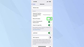 Block all cookies toggled off on iPhone