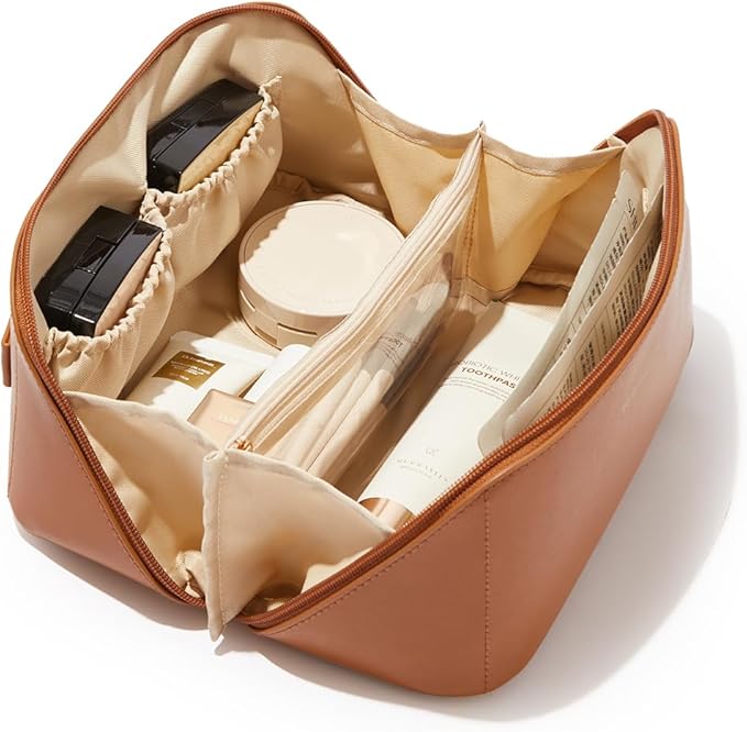 A tan brown Eachy travel makeup bag