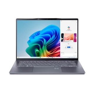 Acer Swift 14 AI laptop with a rainbow colored swirling shape on the display