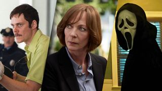 (From L to R) Bill Skarsg&aring;rd as Tony Kiritsis in Dead Man's Wire; Allison Janney as Diane Patterson in Miss You, Love You; and Ghostface in Scream 7. 