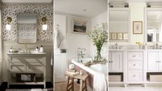 Collated image of three farmhouse small bathroom ideas. One is of a greige vanity with patterned wallpaper and a mirror, a white and dusky pink bath with a wooden stool next to it, and a white dual vanity unit with two mirrors above