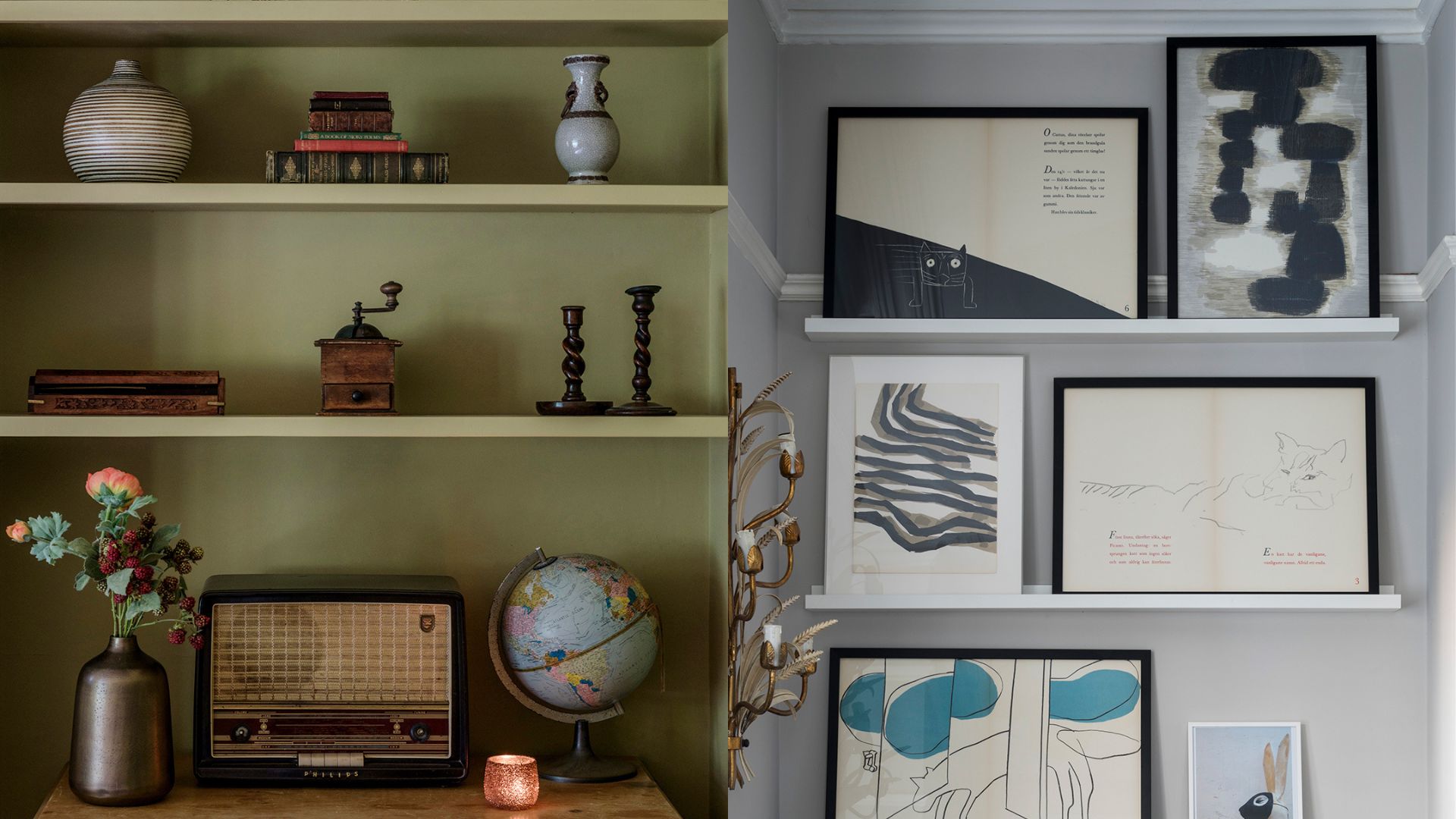 composite of two styled bookshelves