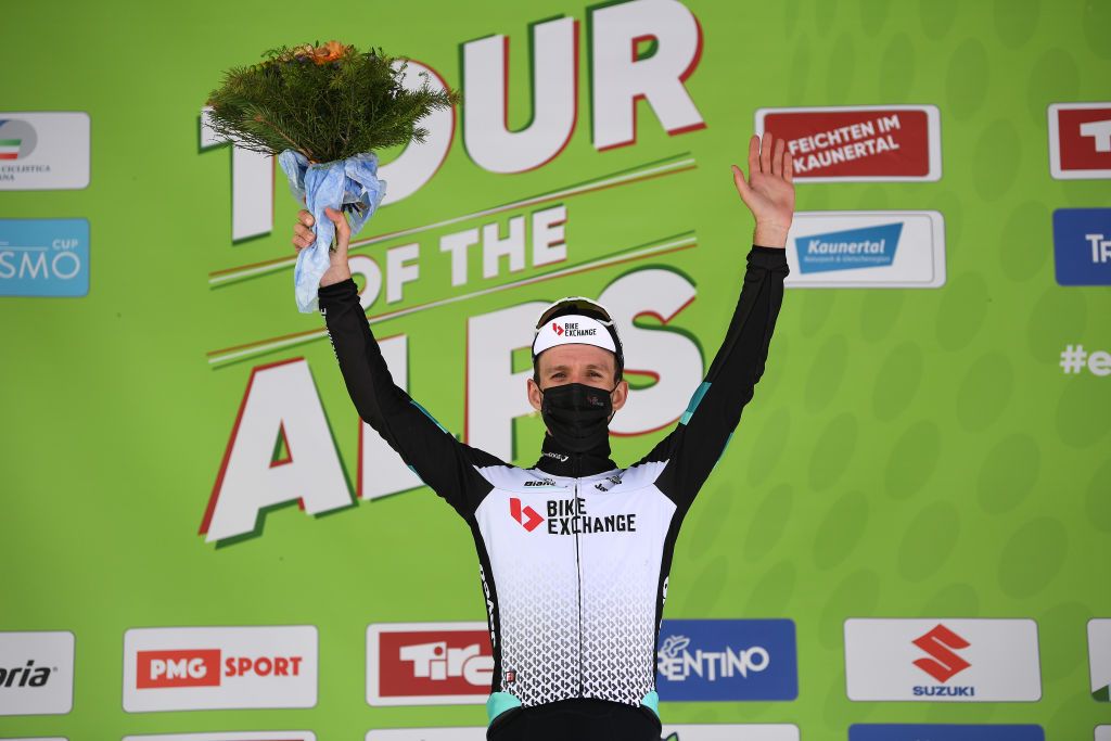 FEICHTEN IM KAUNERTAL AUSTRIA APRIL 20 Simon Yates of United Kingdom and Team BikeExchange celebrates at podium during the 44th Tour of the Alps 2021 Stage 2 a 1215km stage from Innsbruck to Feichten im Kaunertal 1291m Mask Covid Safety Measures TourofTheAlps TouroftheAlps on April 20 2021 in Feichten im Kaunertal Austria Photo by Tim de WaeleGetty Images