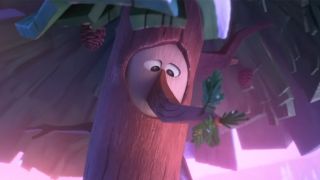 An animated tree with a face looking down in Forevergreen