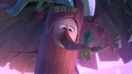 An animated tree with a face looking down in Forevergreen