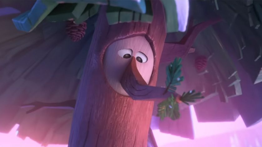 An animated tree with a face looking down in Forevergreen