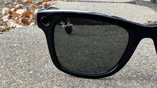 A close-up of the Ray-Ban Meta smart glasses' right lens