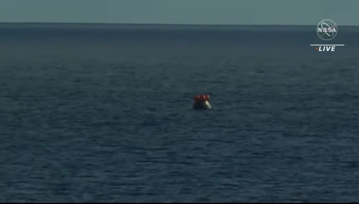 NASA's Artemis 1 Orion spacecraft floats in the Pacific Ocean after a successful splashdown on Dec. 11, 2022.