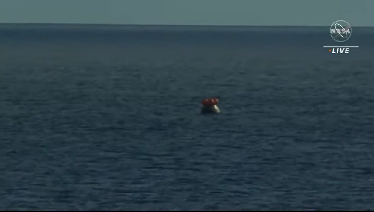 NASA's Artemis 1 Orion spacecraft floats in the Pacific Ocean after a successful splashdown on Dec. 11, 2022.