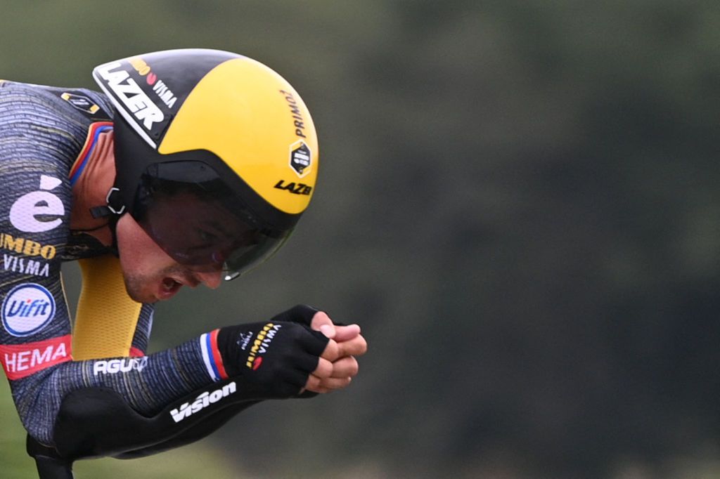 Team Jumbo Vismas Primoz Roglic of Slovenia rides during the 5th stage of the 108th edition of the Tour de France cycling race a 27 km time trial between Change and Laval on June 30 2021 Photo by AnneChristine POUJOULAT AFP Photo by ANNECHRISTINE POUJOULATAFP via Getty Images