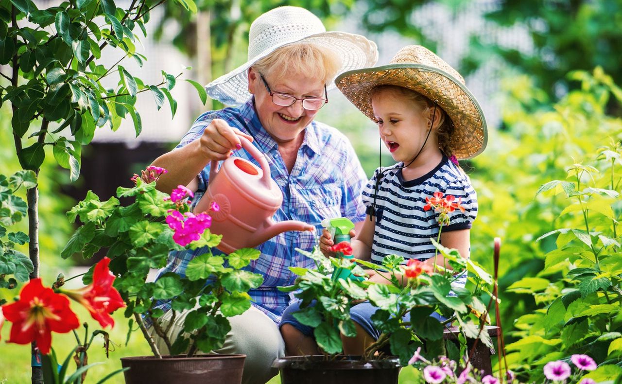 Elder And Child Watering Plants In The Garden