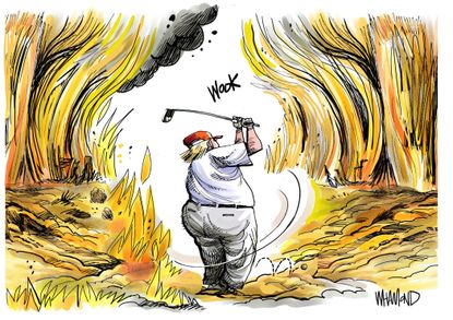 Political Cartoon U.S. Trump Golfing While The World Burns