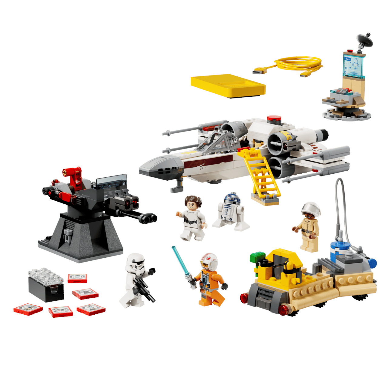 Lego Luke's Red Five X-Wing on a plain background