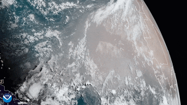 On June 16, 2020, the GOES-East satellite captured this GeoColor imagery of an expansive plume of dust from the Sahara Desert traveling westward across the Atlantic Ocean. 