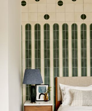 tiled bedroom feature wall green and cream pattern