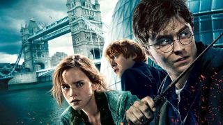 Harry, Hermione, and Harry in Deathly Hallows poster