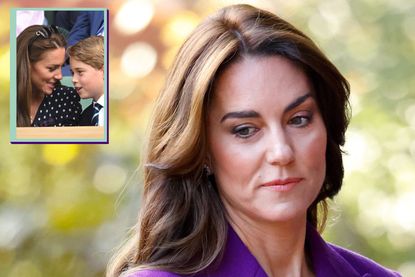 Kate Middleton main image looking glum and drop in of Kate Middleton and Prince George chatting at Wimbledon