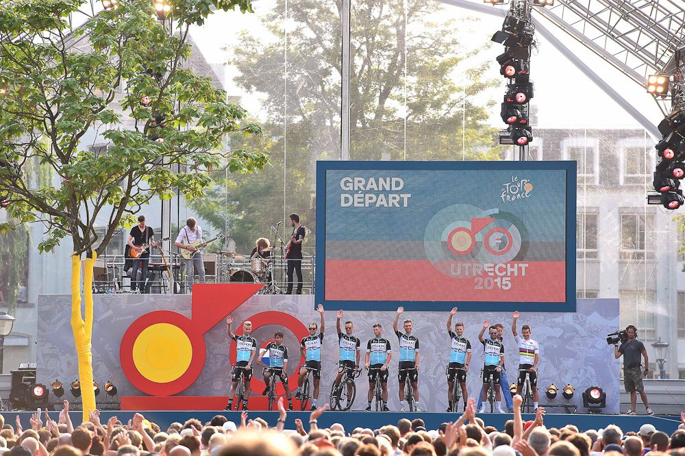on stage during the 2015 Tour de France team presentation in Utrecht