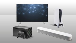 LG OLED42C3, Sonos Beam Gen 2, PS5 and Xbox Series X on grey background