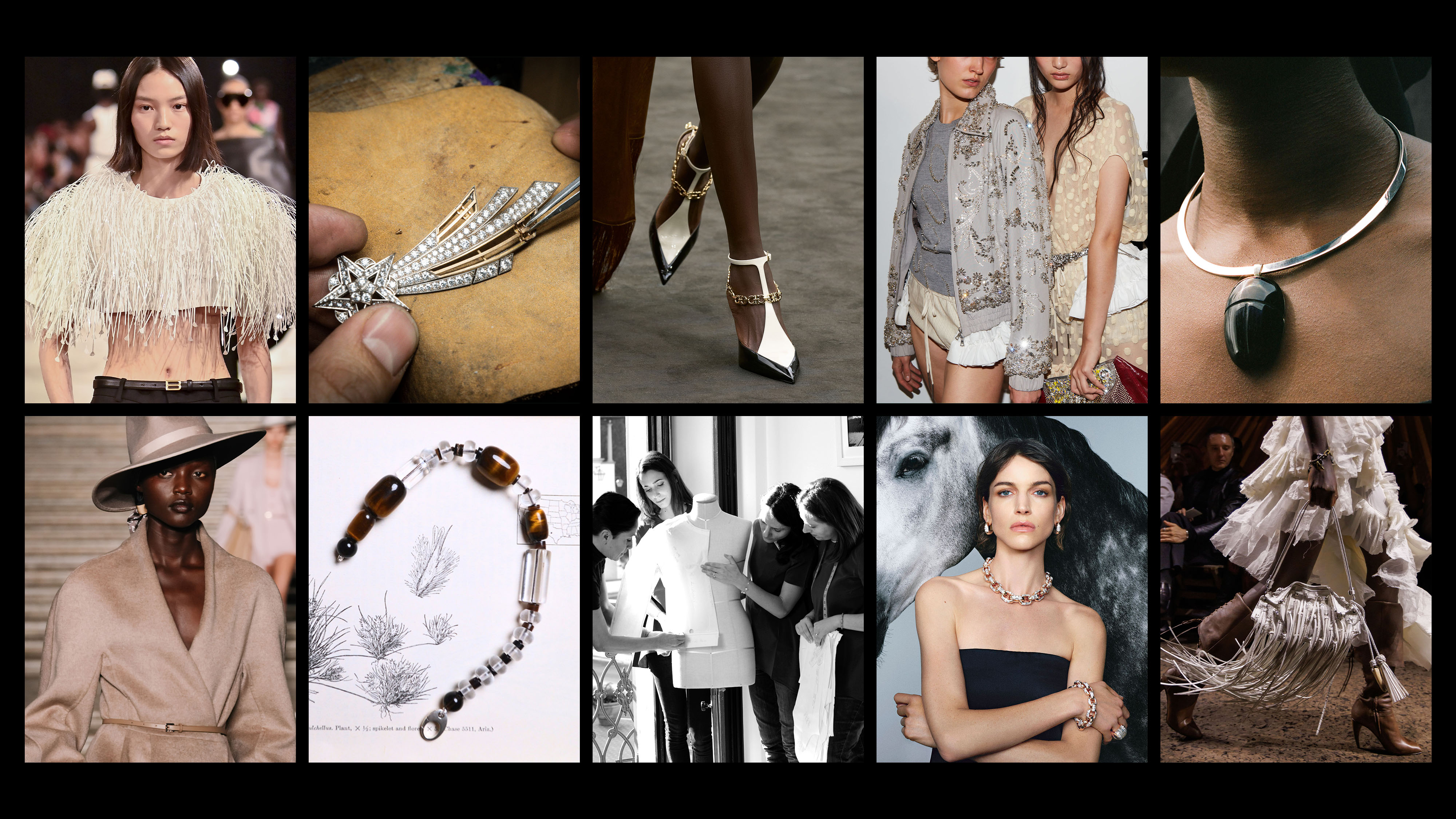 collage of designer pieces and models on catwalks