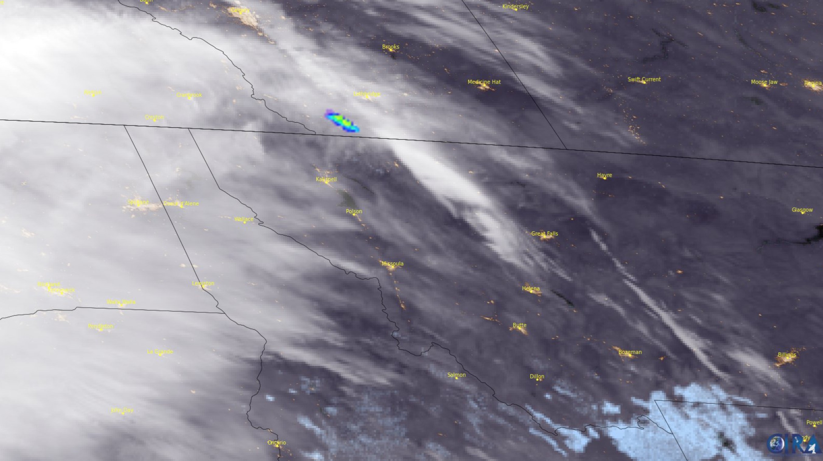 a map of the united states showing clouds over the midwest, and a bright blue/green blob