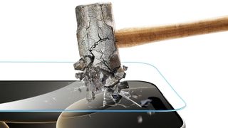 Hammer hitting an iPhone screen protector and crumbling