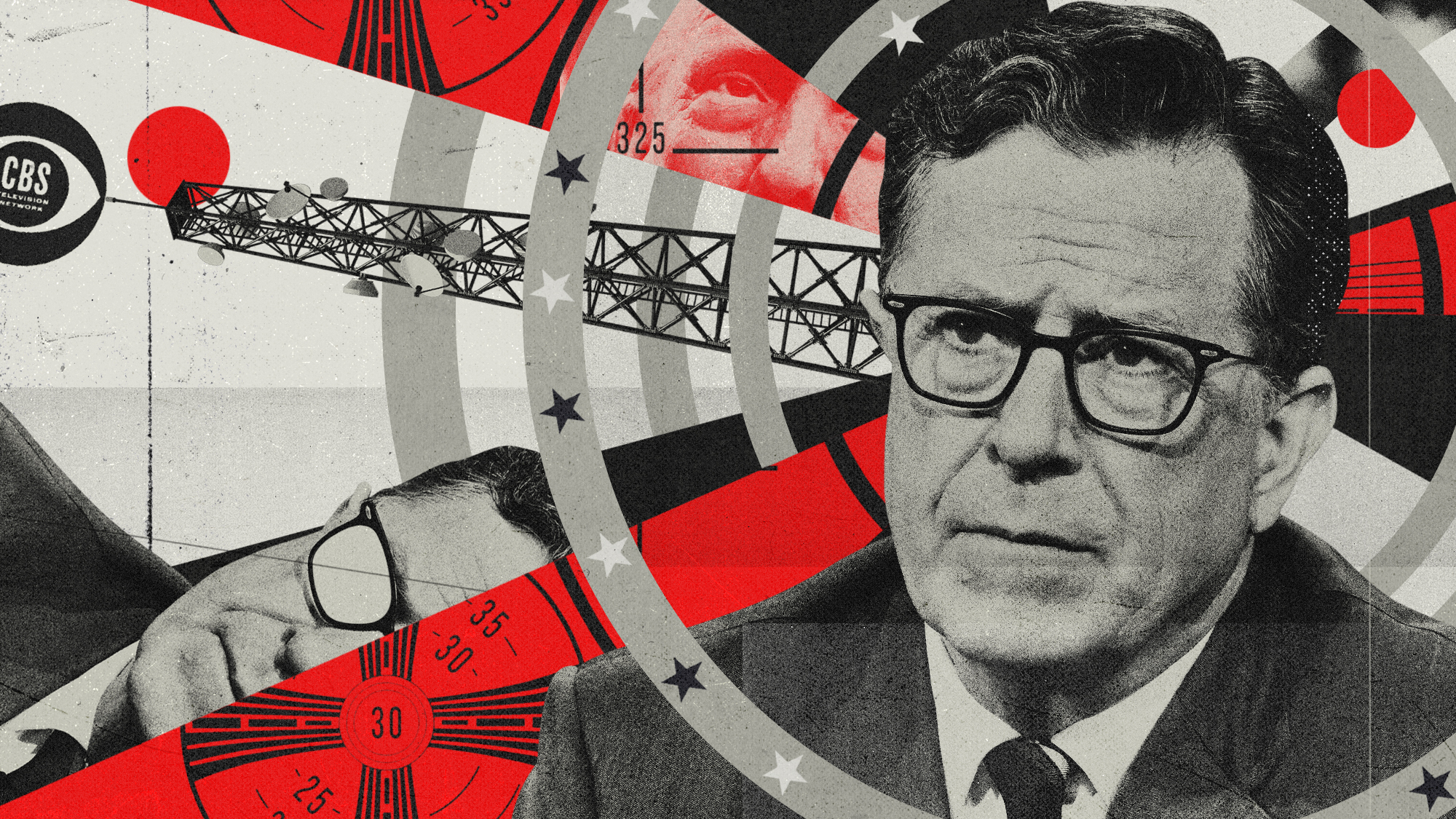 Photo composite illustration of Stephen Colbert, Donald Trump, a test card, broadcast tower and CBS logo