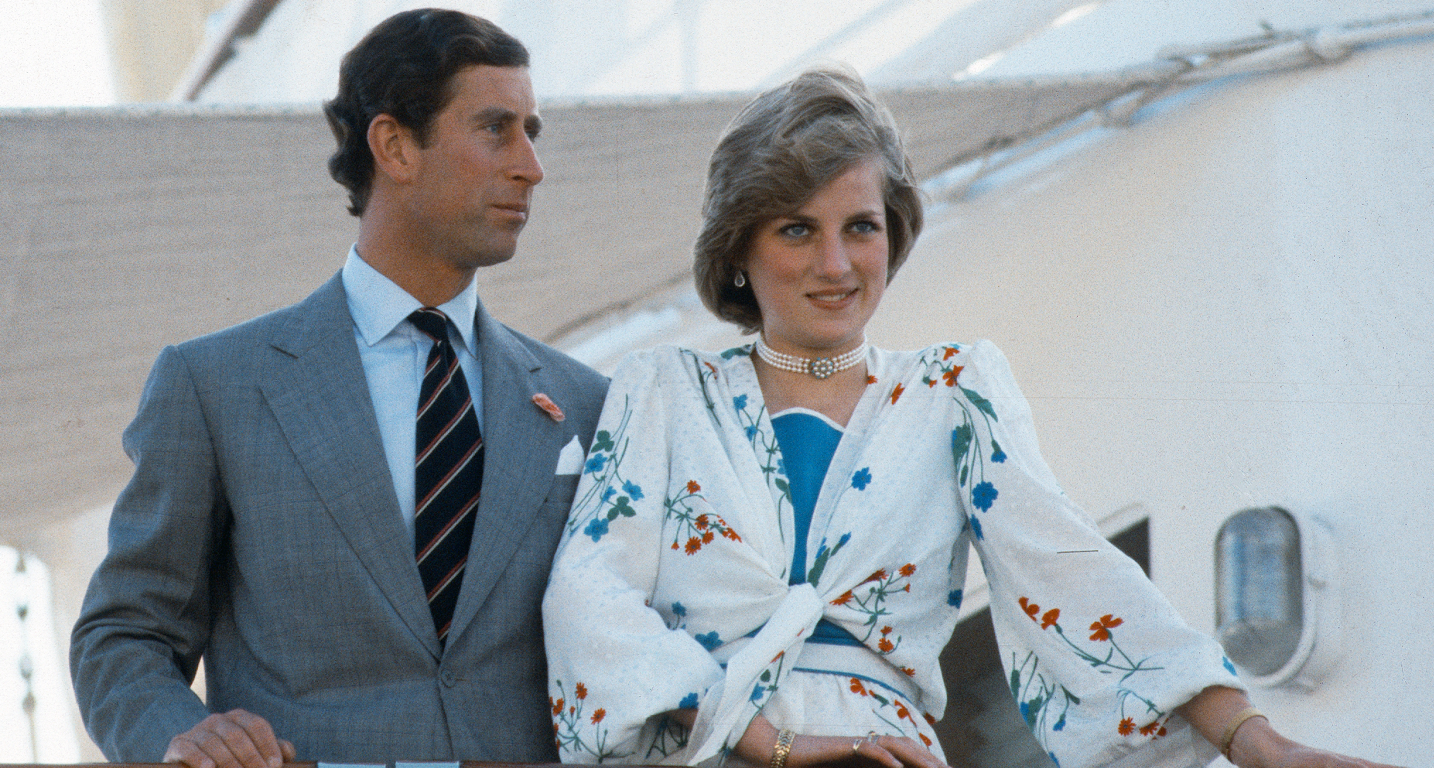 Princess Diana and Prince Charles standing on the Royal Yacht Britannia